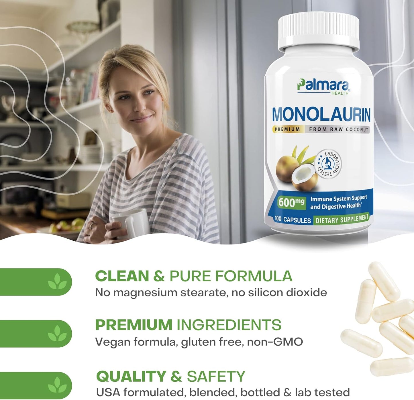 2-Pack Palmara Health Premium Monolaurin Capsules - 1,200mg per Serving (400 Capsules Total)