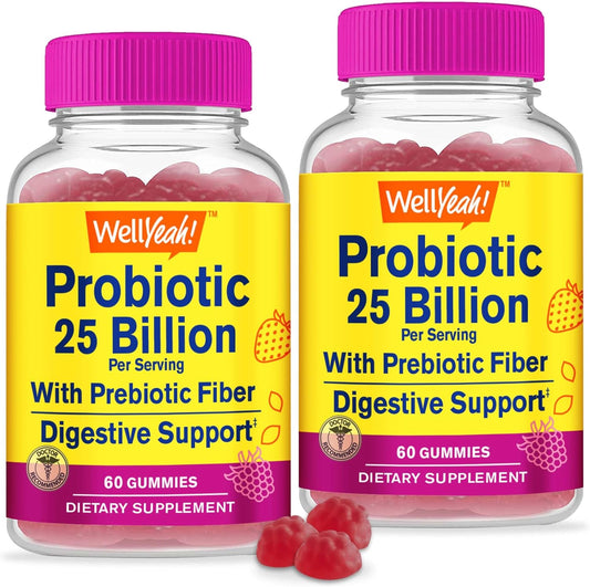2 Pack Probiotic and Prebiotic Gummies for Men and Women - 25 Billion CFU with 12 Strains - Digestive and Immune Support - 60 Count