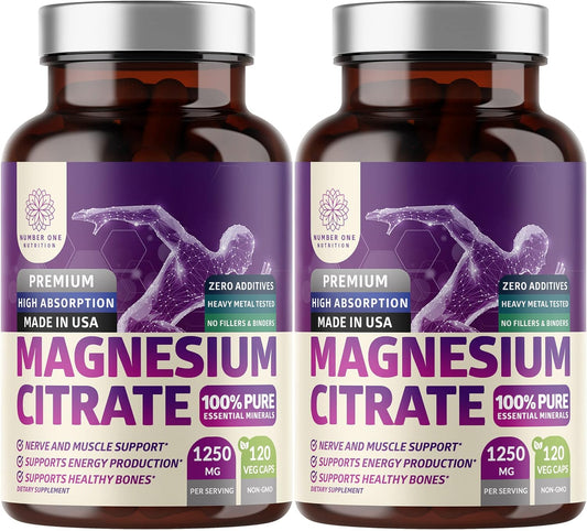 2-Pack Pure Magnesium Citrate Capsules 1250mg - High Absorption Trace Mineral for Muscle & Digestive Support - 240 Capsules - BoostGo Australia