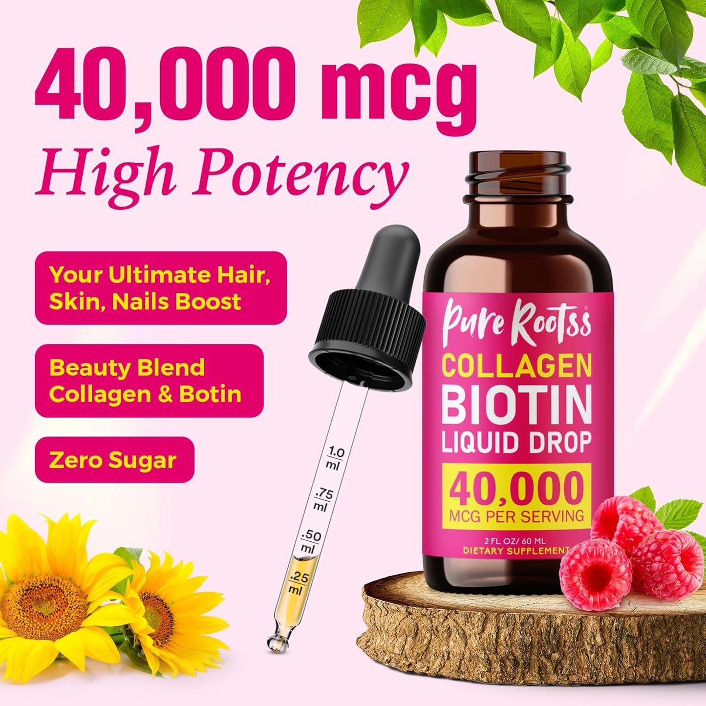 2 Pack PureRootss Liquid Collagen & Biotin 2 Fl Oz - 40000 mcg Hair Skin Nails Supplement for Women - Hydrolized Collagen Peptides - Sugar Free - Raspberry Flavor