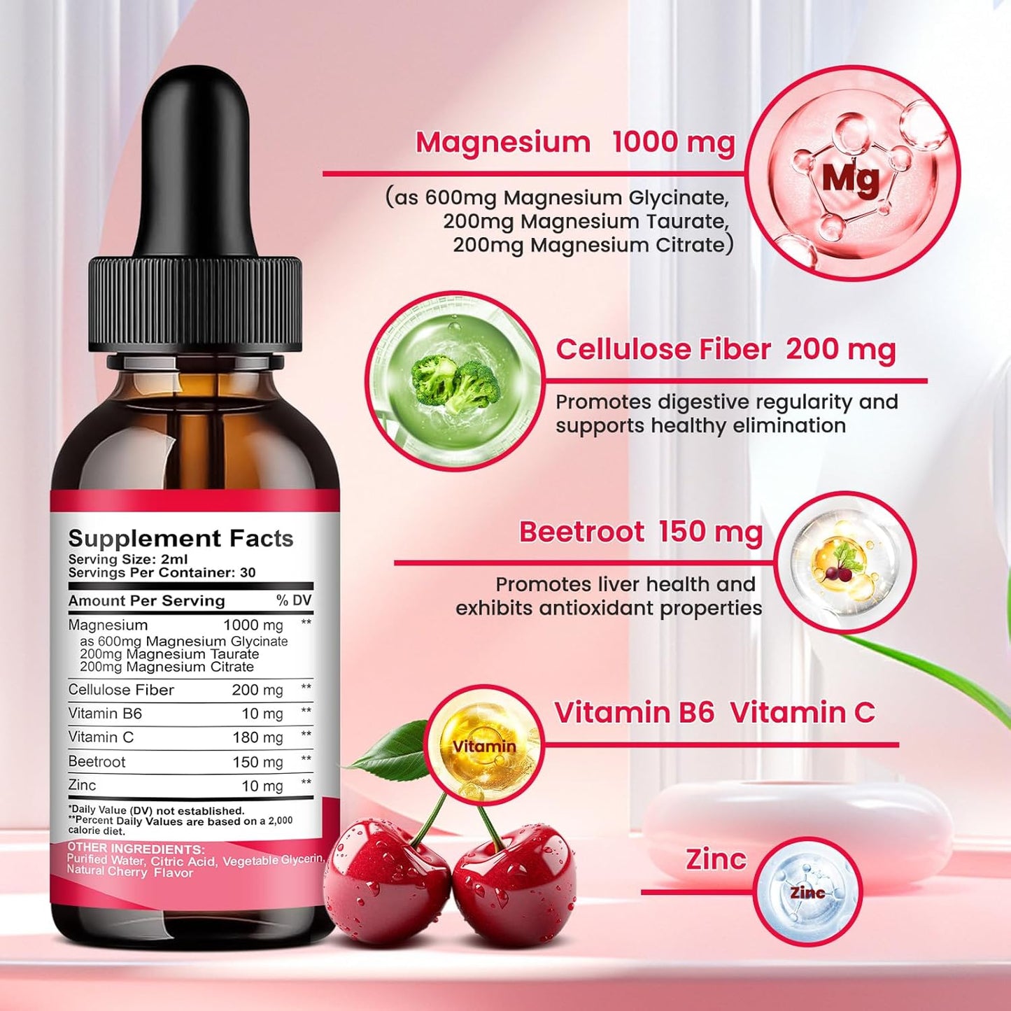 2-Pack ReviNutra Liquid Magnesium Glycinate Drops for Sleep, Nerve Health, and Energy - Sugar-Free Pineapple & Cherry Flavor - Muscle Support