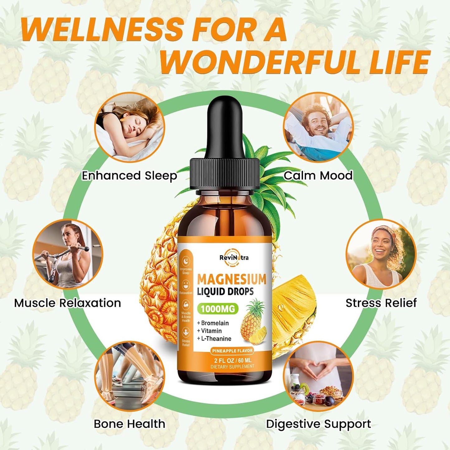2-Pack ReviNutra Liquid Magnesium Glycinate Drops for Sleep, Nerve Health, and Energy - Sugar-Free Pineapple & Cherry Flavor - Muscle Support