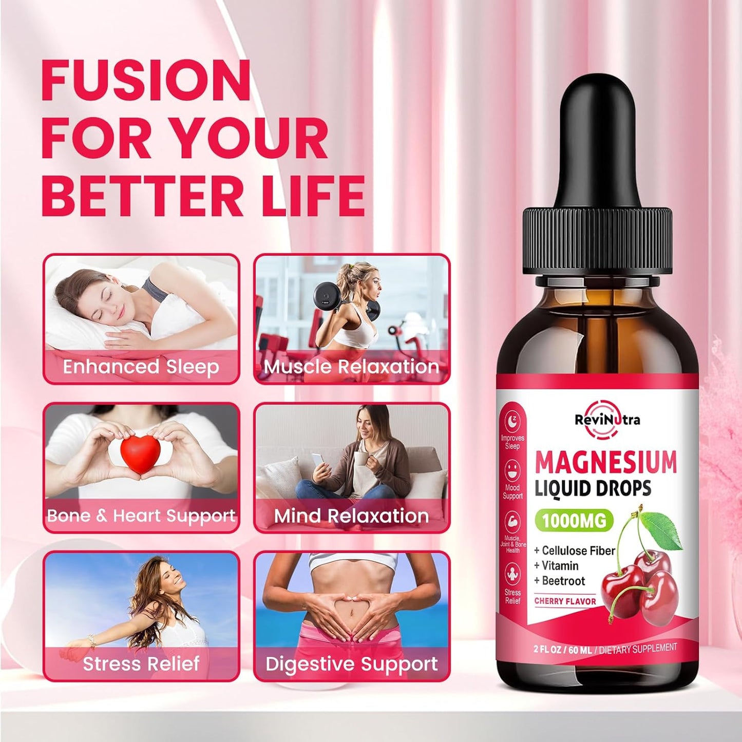2-Pack ReviNutra Liquid Magnesium Glycinate Drops for Sleep, Nerve Health, and Energy - Sugar-Free Pineapple & Cherry Flavor - Muscle Support