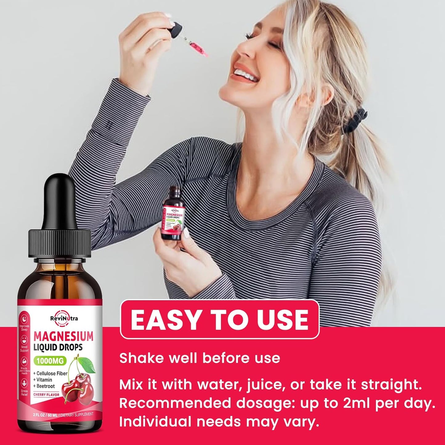 2-Pack ReviNutra Liquid Magnesium Glycinate Drops for Sleep, Nerve Health, and Energy - Sugar-Free Pineapple & Cherry Flavor - Muscle Support