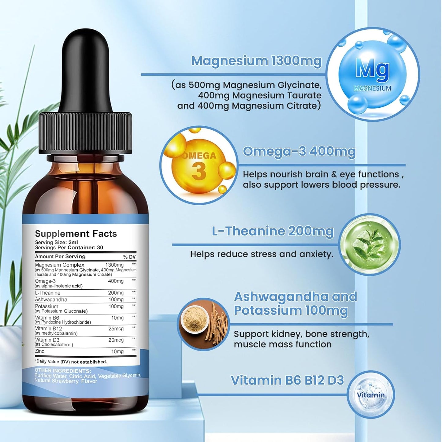 2-Pack ReviNutra Sugar-Free Pineapple & Strawberry Magnesium Liquid Drops