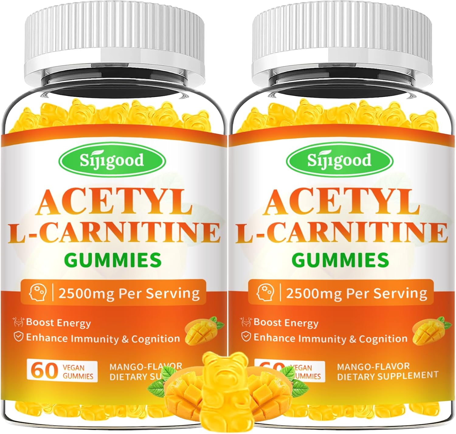 2 Pack Sijigood Acetyl L-Carnitine Gummies - Daily Energy & Immune Support for Men & Women, Mango Flavor (120 Count)