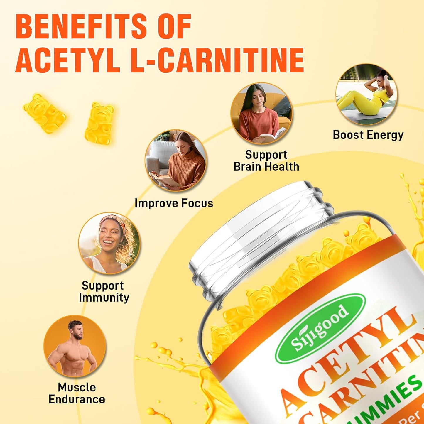 2 Pack Sijigood Acetyl L-Carnitine Gummies - Daily Energy & Immune Support for Men & Women, Mango Flavor (120 Count)
