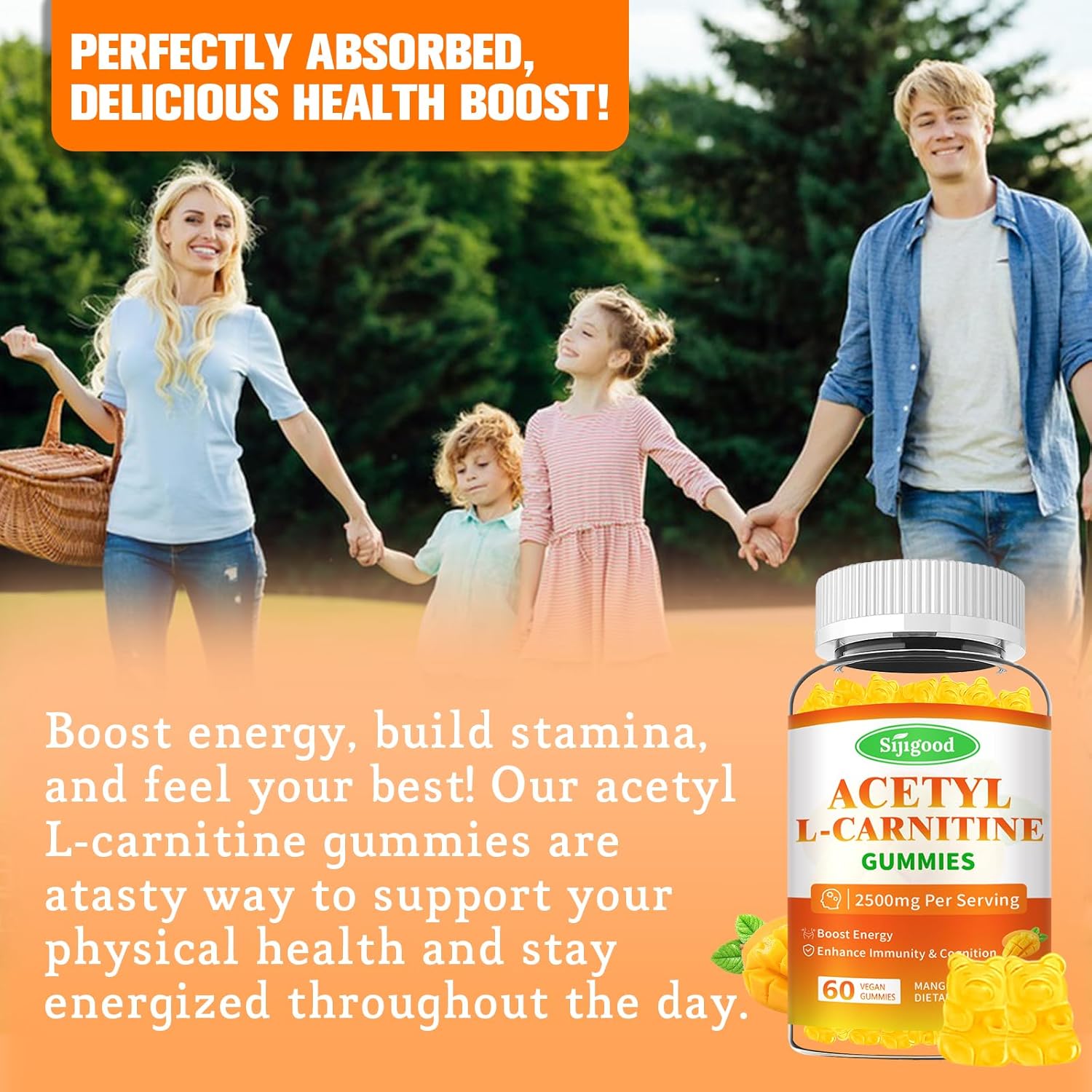 2 Pack Sijigood Acetyl L-Carnitine Gummies - Daily Energy & Immune Support for Men & Women, Mango Flavor (120 Count)