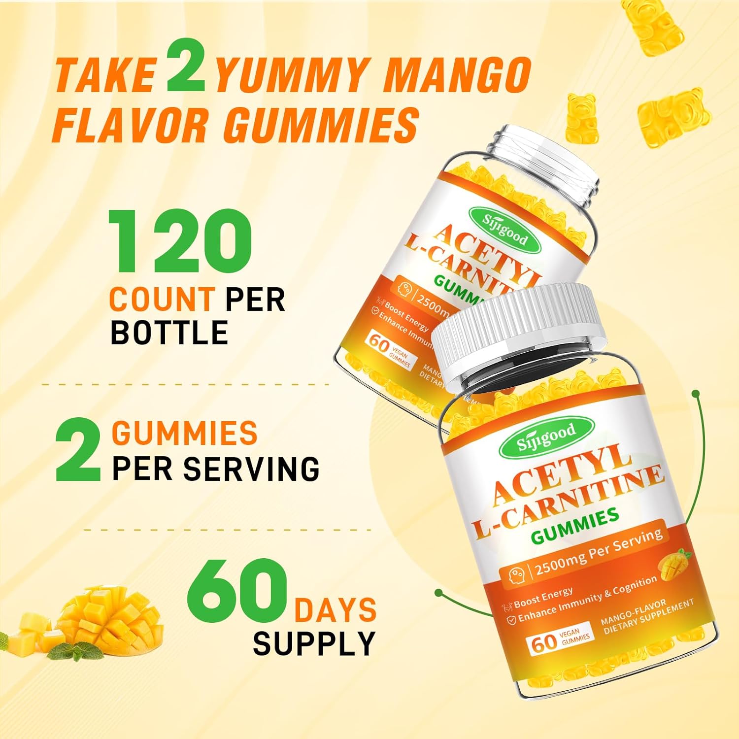 2 Pack Sijigood Acetyl L-Carnitine Gummies - Daily Energy & Immune Support for Men & Women, Mango Flavor (120 Count)