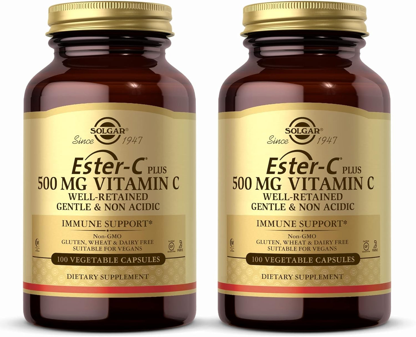 2-Pack Solgar Ester-C Plus 500mg Vitamin C Capsules - Antioxidant & Immune Support, Non-GMO, Vegan, Gluten-Free, Kosher - 200 Servings