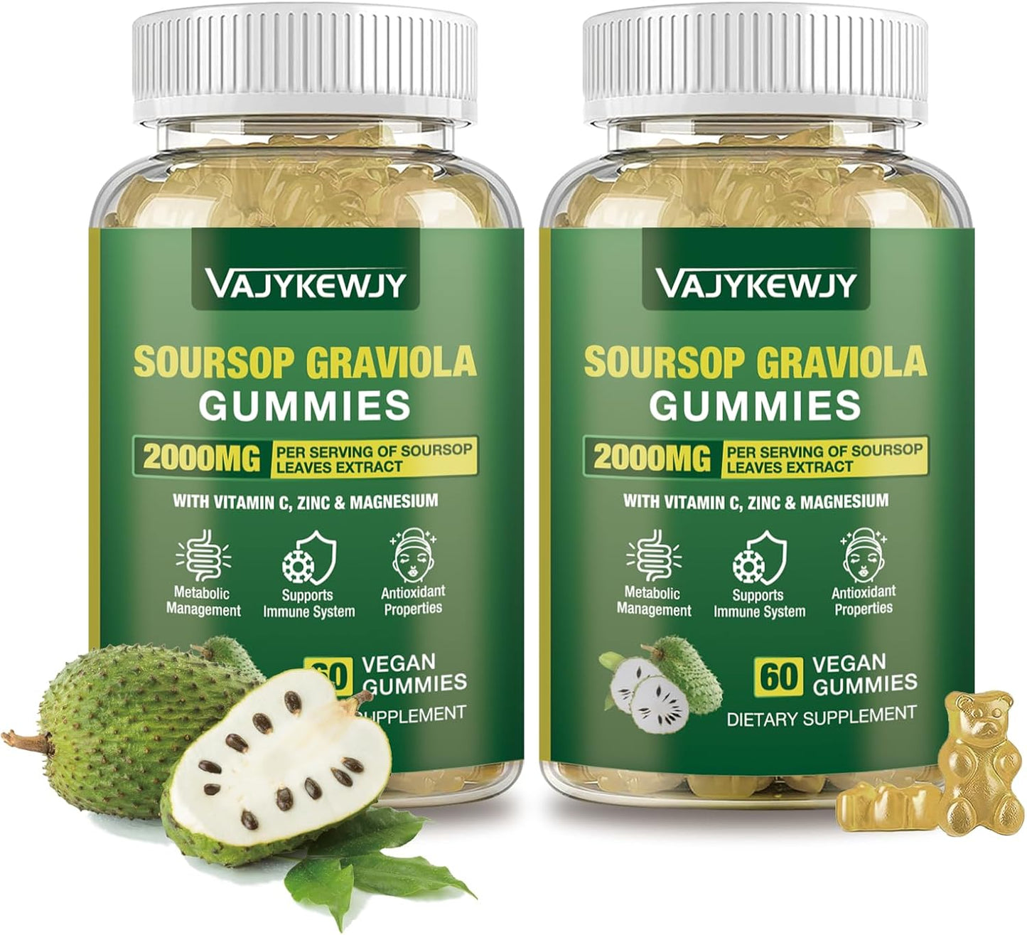 2-Pack Soursop Graviola Gummies - 2000mg Extract with Vitamin C & Zinc for Immunity - Vegan, 120 Gummies