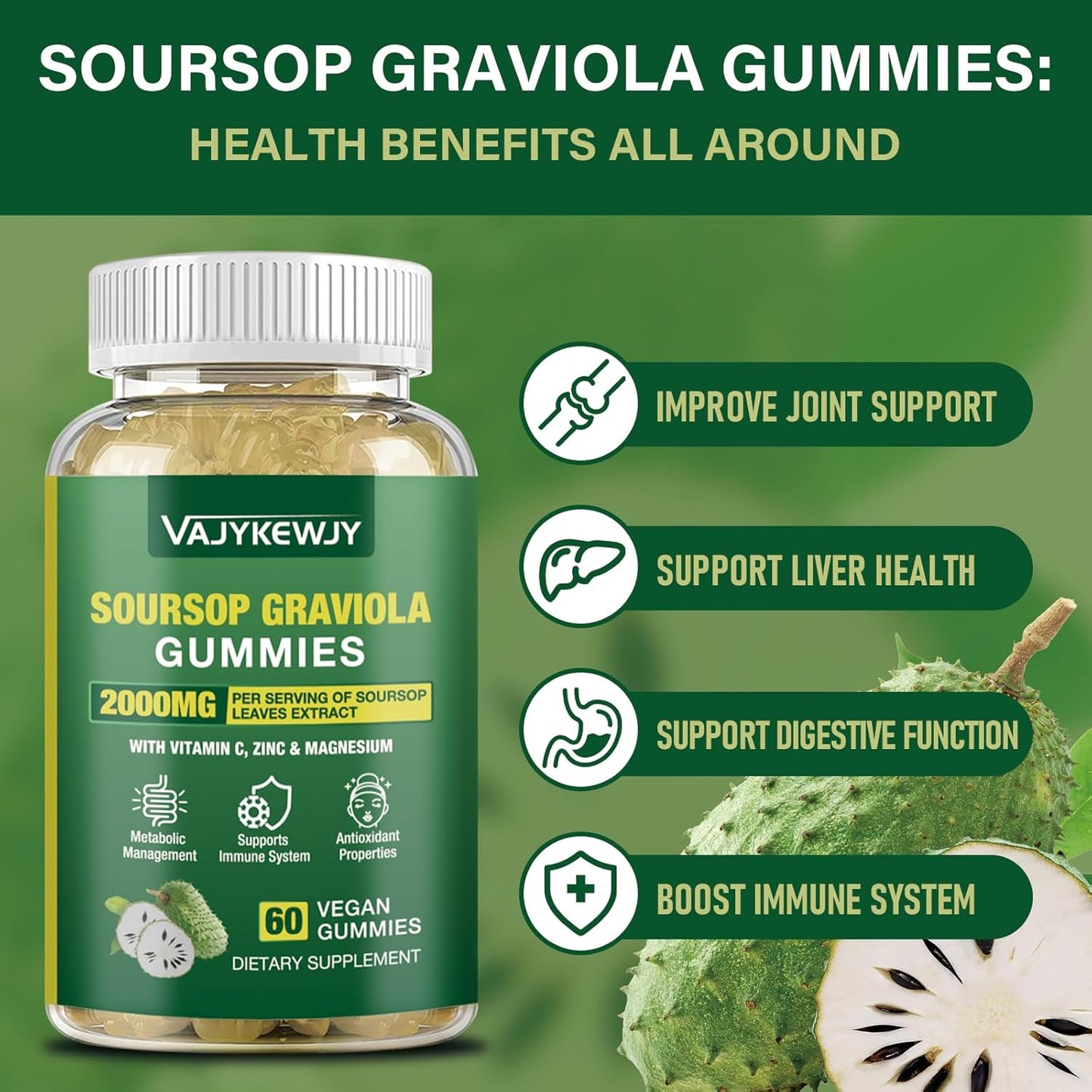 2-Pack Soursop Graviola Gummies - 2000mg Extract with Vitamin C & Zinc for Immunity - Vegan, 120 Gummies