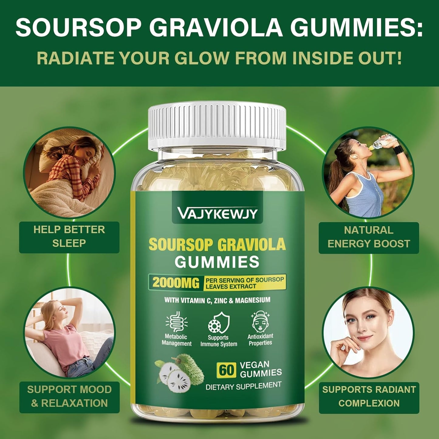 2-Pack Soursop Graviola Gummies - 2000mg Extract with Vitamin C & Zinc for Immunity - Vegan, 120 Gummies