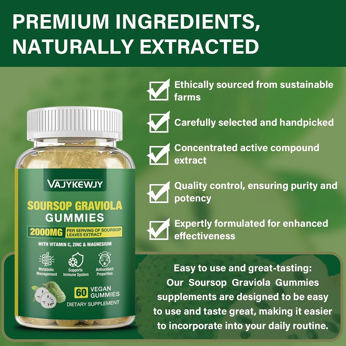 2-Pack Soursop Graviola Gummies - 2000mg Extract with Vitamin C & Zinc for Immunity - Vegan, 120 Gummies
