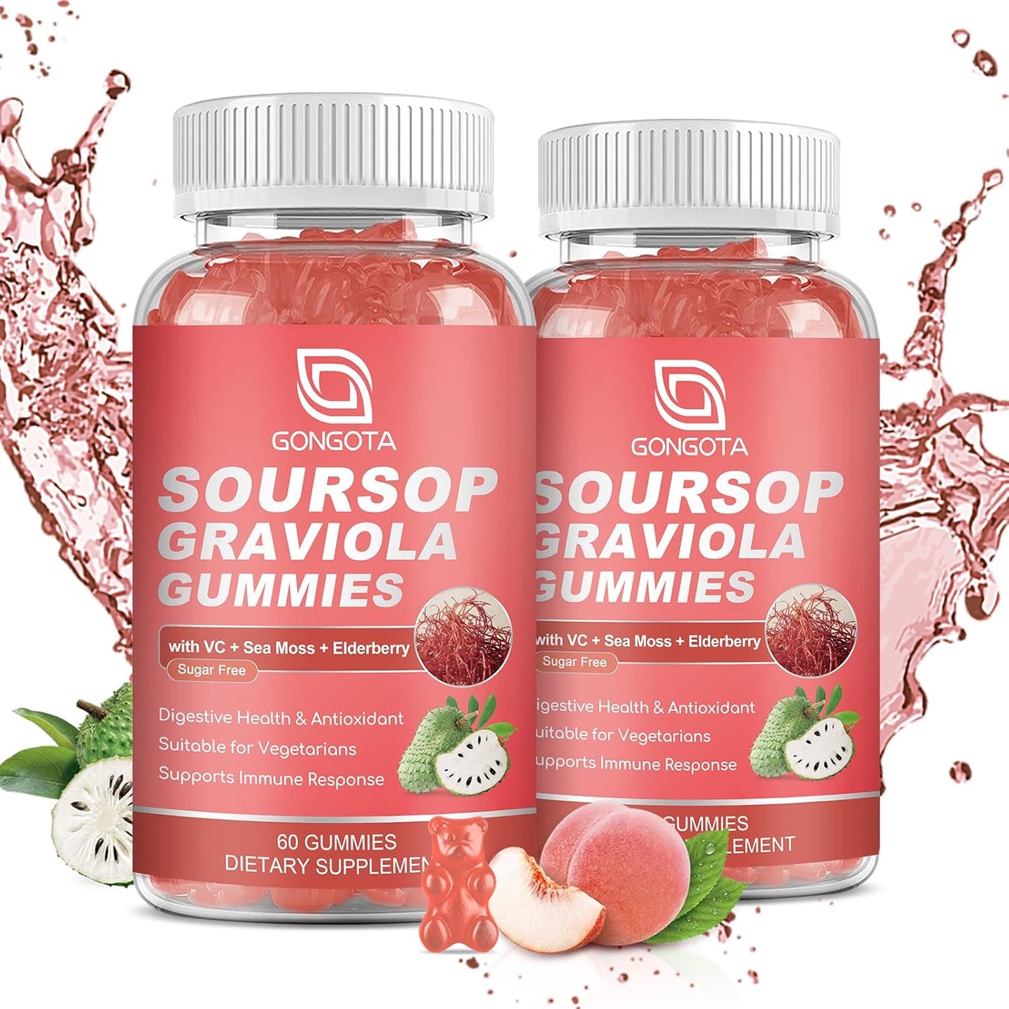 2 Pack Soursop Graviola Gummies - 2200mg Extra Soursop Leaves Extract with Elderberry & Sea Moss - Digestive, Immune Support, Antioxidant, Relaxation - Gluten Free, Vegan - 120 Gummies