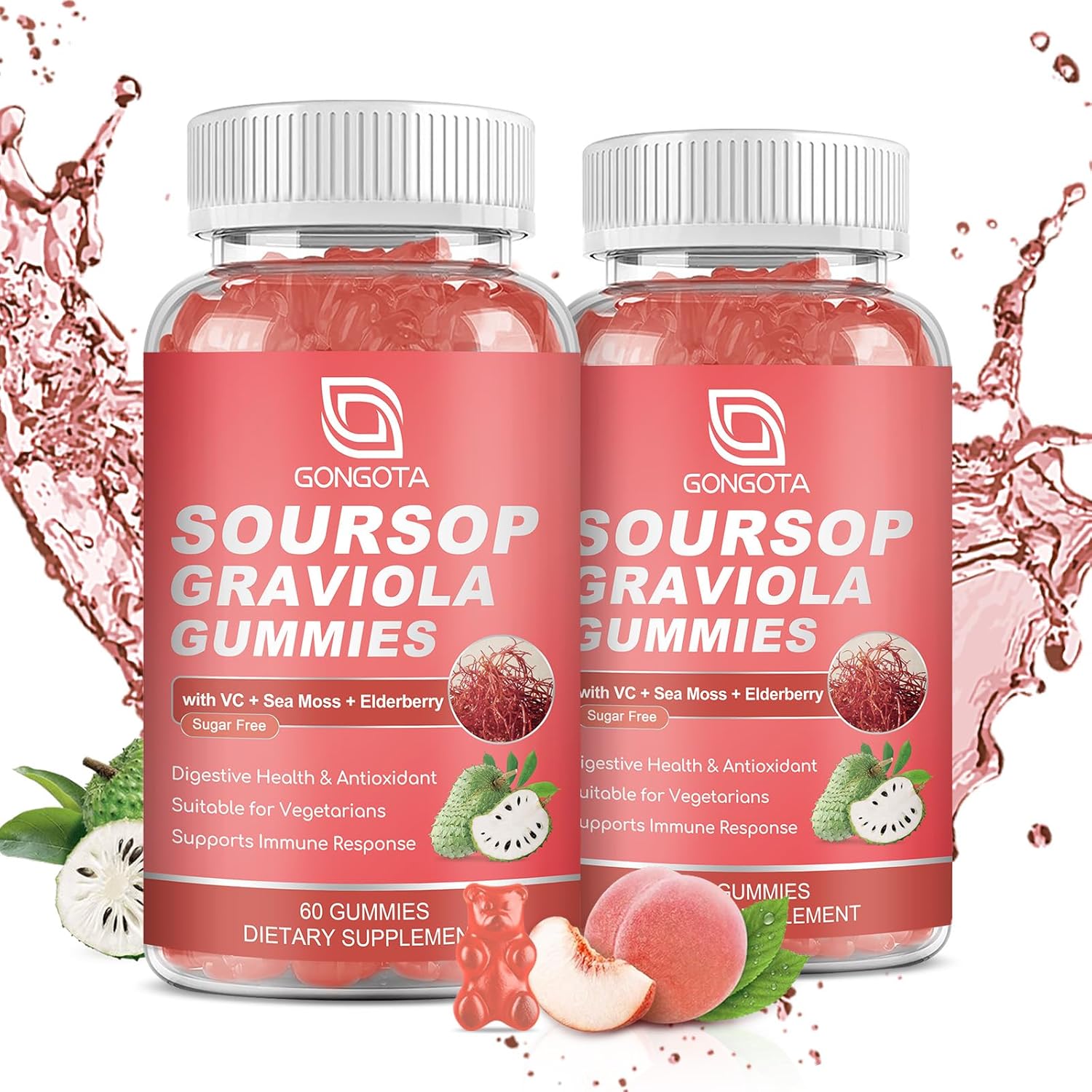 2 Pack Soursop Graviola Gummies - 2200mg Extra Soursop Leaves Extract with Elderberry & Sea Moss - Digestive, Immune Support, Antioxidant, Relaxation - Gluten Free, Vegan - 120 Gummies