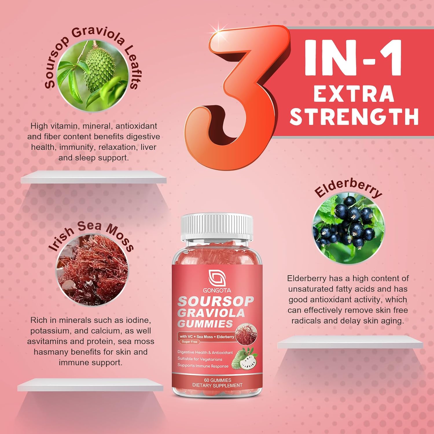 2 Pack Soursop Graviola Gummies - 2200mg Extra Soursop Leaves Extract with Elderberry & Sea Moss - Digestive, Immune Support, Antioxidant, Relaxation - Gluten Free, Vegan - 120 Gummies