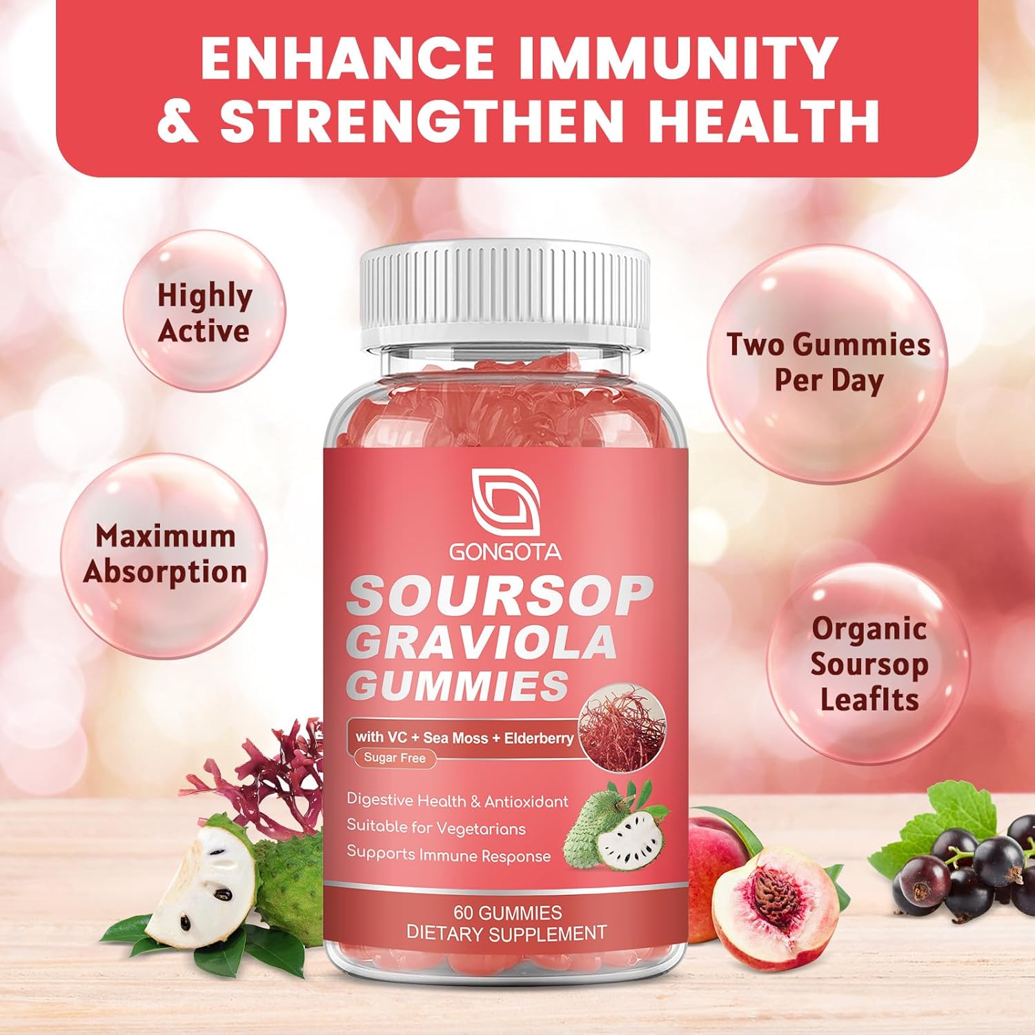 2 Pack Soursop Graviola Gummies - 2200mg Extra Soursop Leaves Extract with Elderberry & Sea Moss - Digestive, Immune Support, Antioxidant, Relaxation - Gluten Free, Vegan - 120 Gummies