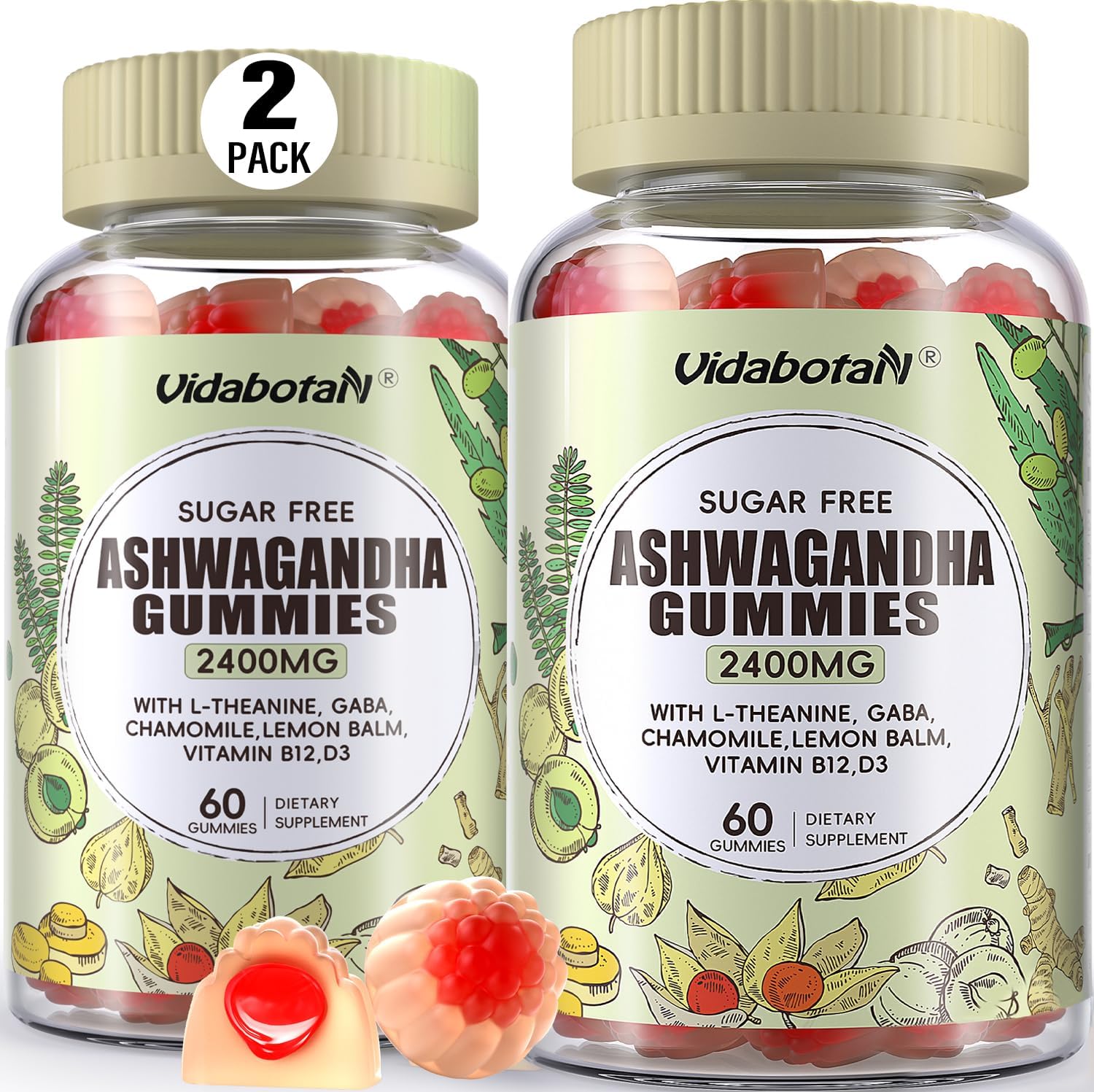 2 Pack Sugar Free Ashwagandha Gummies 2400mg with L-theanine, GABA, Lemon Balm - Calm, Zzzs, Energy Support - Mixed Berries - 120 Count