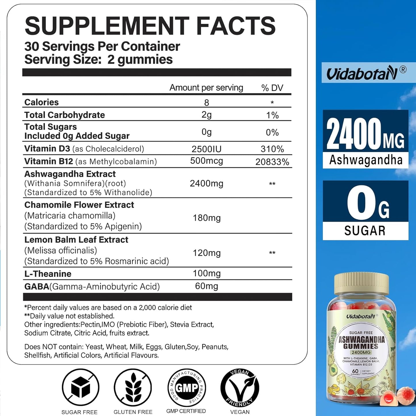 2 Pack Sugar Free Ashwagandha Gummies 2400mg with L-theanine, GABA, Lemon Balm - Calm, Zzzs, Energy Support - Mixed Berries - 120 Count