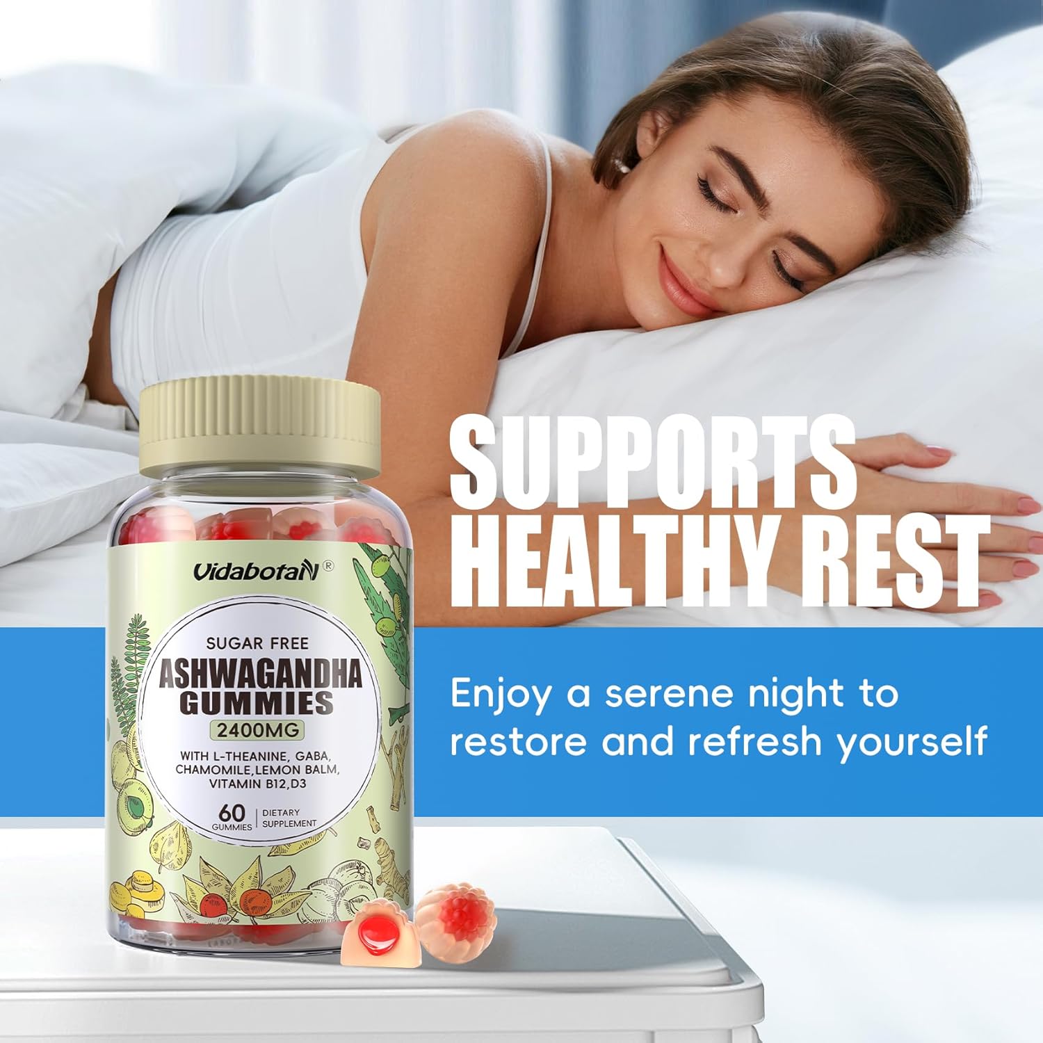 2 Pack Sugar Free Ashwagandha Gummies 2400mg with L-theanine, GABA, Lemon Balm - Calm, Zzzs, Energy Support - Mixed Berries - 120 Count