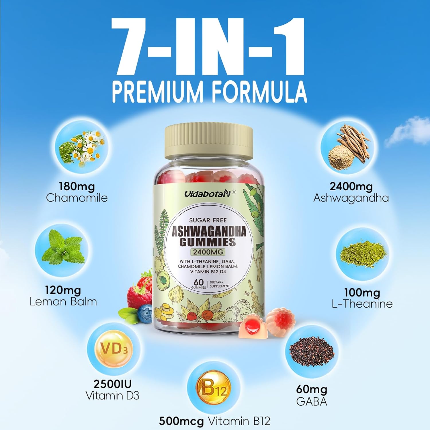 2 Pack Sugar Free Ashwagandha Gummies 2400mg with L-theanine, GABA, Lemon Balm - Calm, Zzzs, Energy Support - Mixed Berries - 120 Count