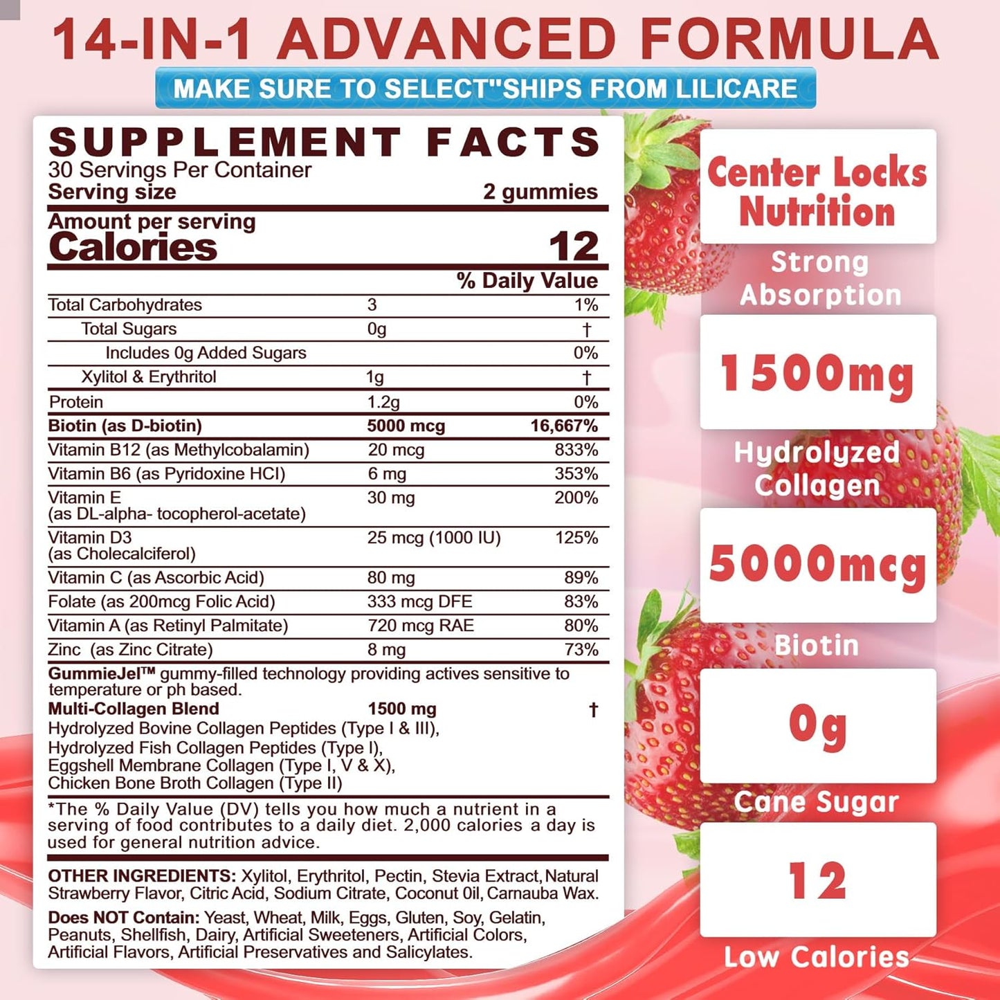 2-Pack Sugar-Free Hydrolyzed Collagen Peptide Gummies for Immune Support and Healthy Hair, Skin, Nails, and Bones - 1500mg Protein with Biotin, Vitamin C, A, E, D3, B6, B12