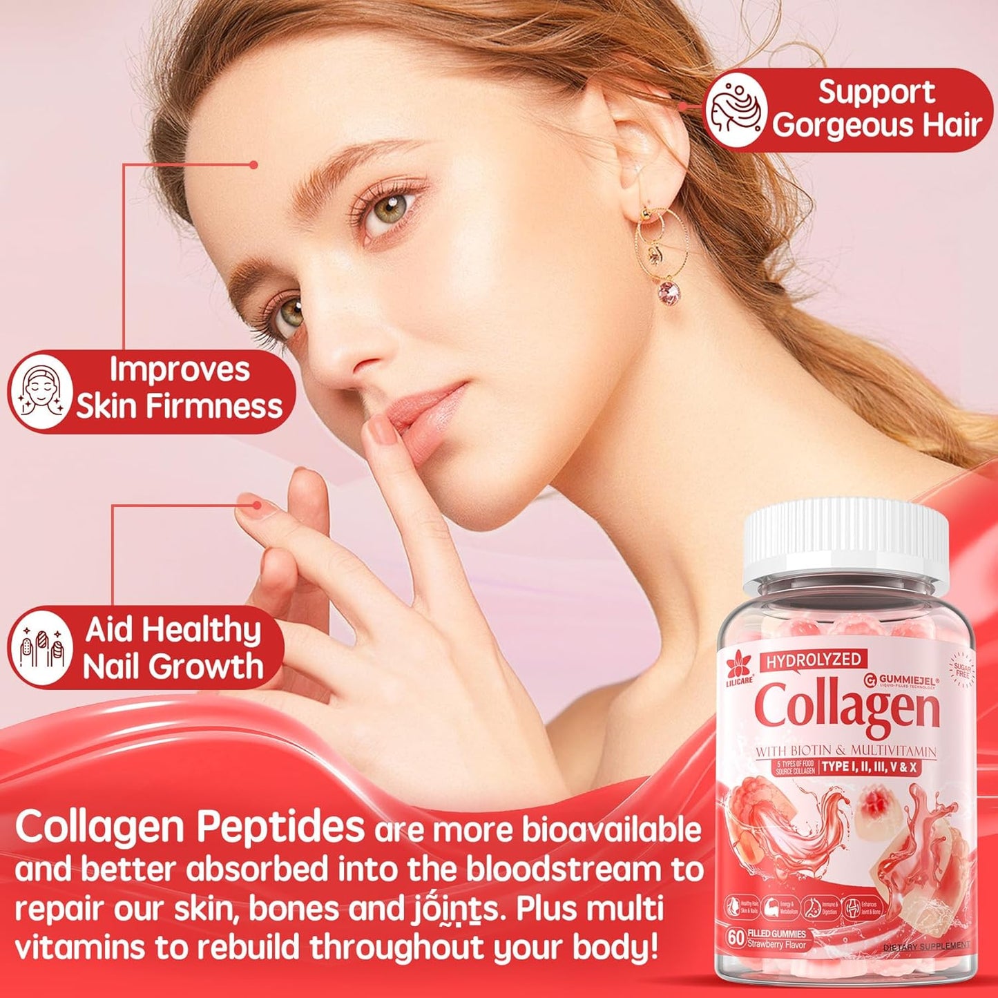 2-Pack Sugar-Free Hydrolyzed Collagen Peptide Gummies for Immune Support and Healthy Hair, Skin, Nails, and Bones - 1500mg Protein with Biotin, Vitamin C, A, E, D3, B6, B12