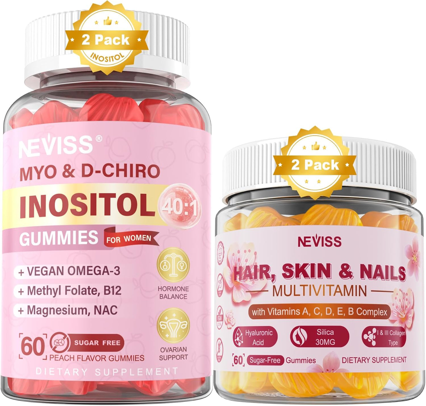 2-Pack Sugar-Free Nevis Myo-Inositol & D-Chiro Inositol Gummies + Multivitamin for Women Gummies
