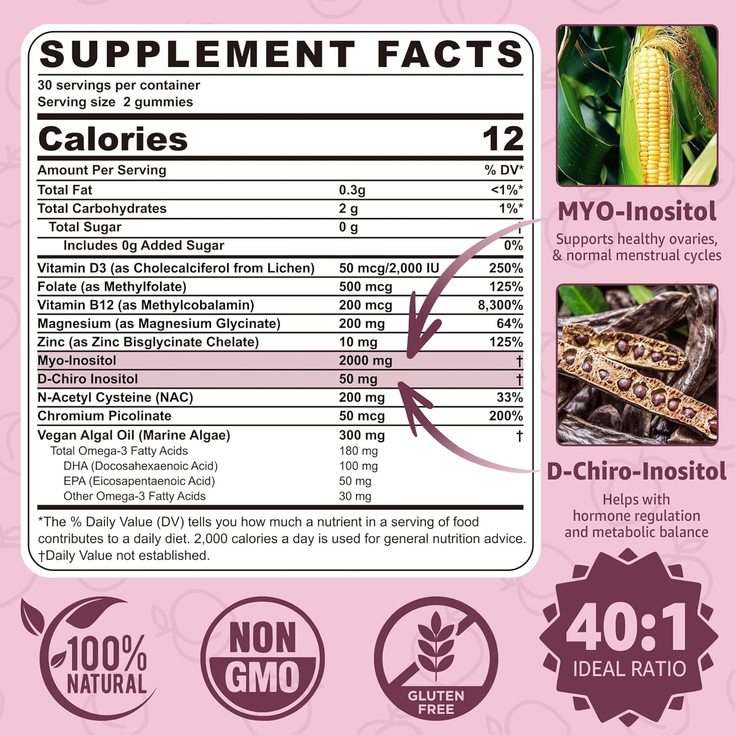2-Pack Sugar-Free Nevis Myo-Inositol & D-Chiro Inositol Gummies + Multivitamin for Women Gummies