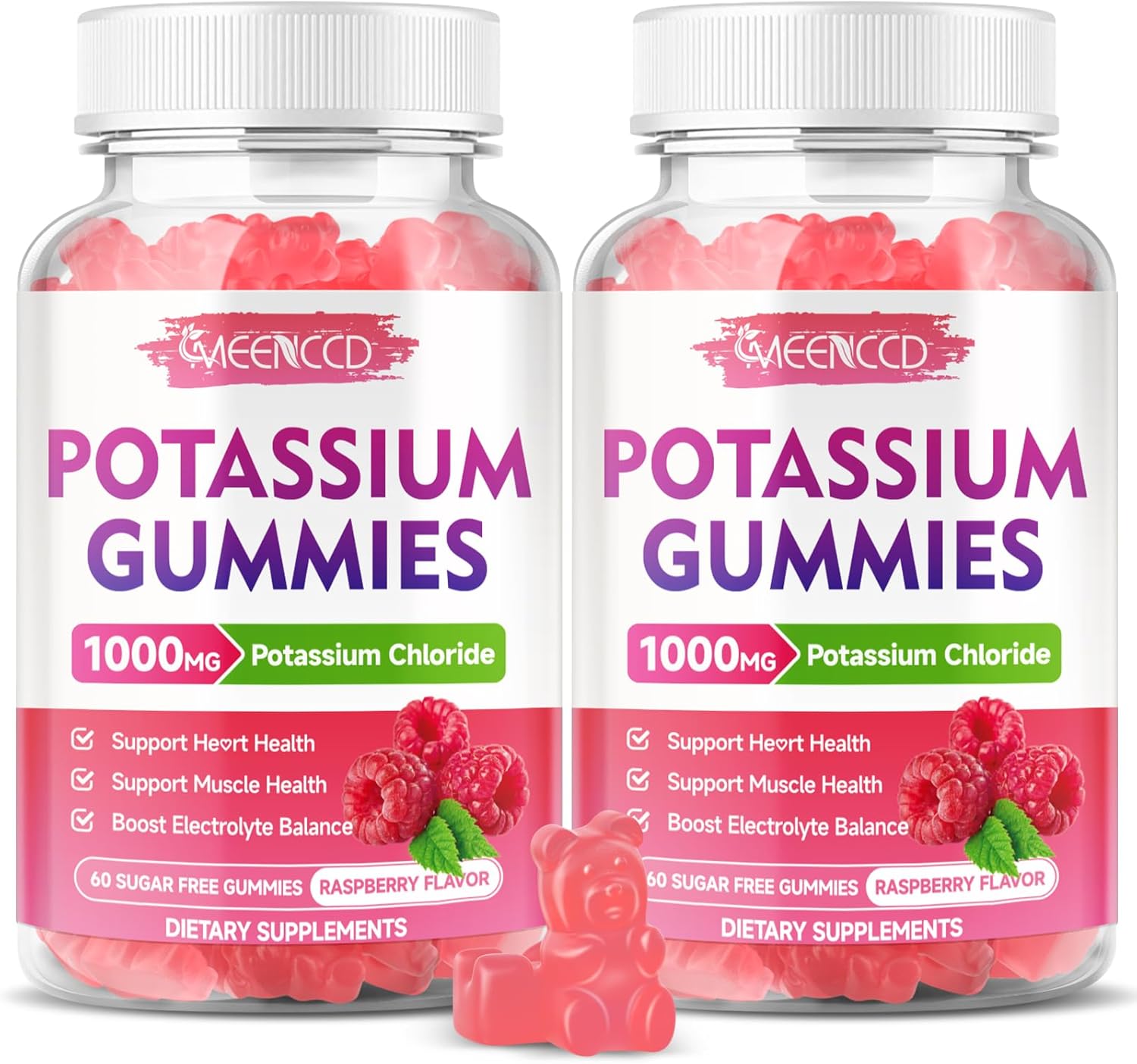 2 Pack Sugar-Free Potassium Gummies 1000mg for Adults - Electrolyte Balance Support & Leg Cramp Relief - Raspberry Flavor - 120 Count