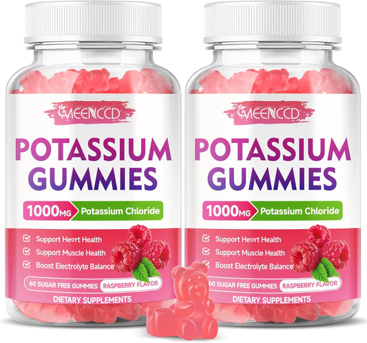 2 Pack Sugar-Free Potassium Gummies 1000mg for Adults - Electrolyte Balance Support & Leg Cramp Relief - Raspberry Flavor - 120 Count