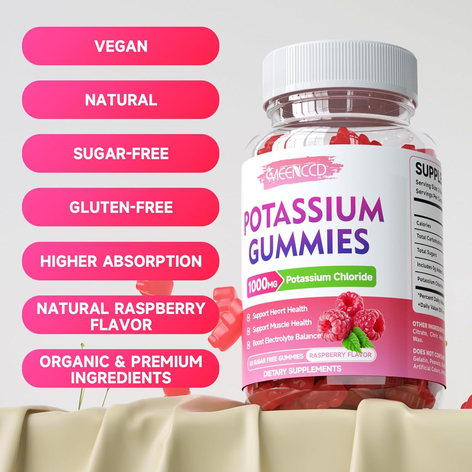 2 Pack Sugar-Free Potassium Gummies 1000mg for Adults - Electrolyte Balance Support & Leg Cramp Relief - Raspberry Flavor - 120 Count