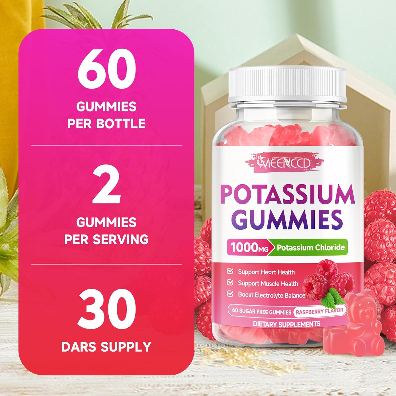2 Pack Sugar-Free Potassium Gummies 1000mg for Adults - Electrolyte Balance Support & Leg Cramp Relief - Raspberry Flavor - 120 Count