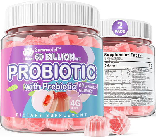 2-Pack Sugar-Free Probiotic & Prebiotic Gummies - 60 Billion CFU, 11 Strains - Digestive & Gut Health Support for Men & Women - Constipation, Diarrhea, Gas, Bloating Relief