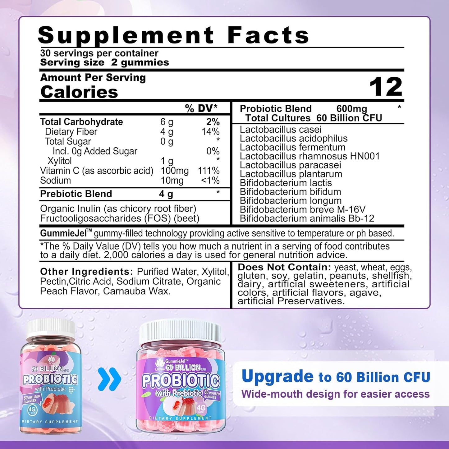 2-Pack Sugar-Free Probiotic & Prebiotic Gummies - 60 Billion CFU, 11 Strains - Digestive & Gut Health Support for Men & Women - Constipation, Diarrhea, Gas, Bloating Relief