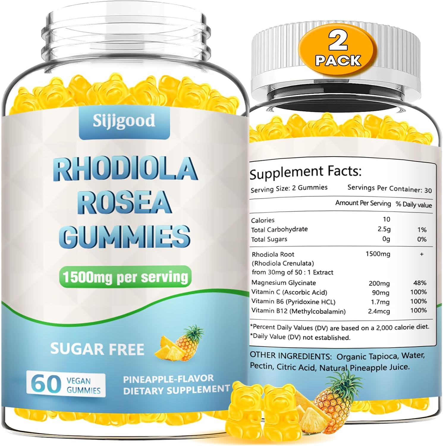 2 Pack Sugar-Free Rhodiola Rosea Gummies - Adaptogenic Supplement for Stamina, Mood, and Motivation - Non-GMO, Vegan - 120 Count