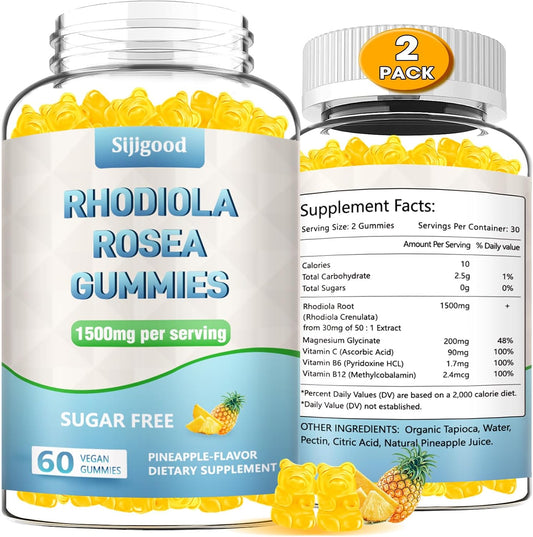 2 Pack Sugar-Free Rhodiola Rosea Gummies - Adaptogenic Supplement for Stamina, Mood, and Motivation - Non-GMO, Vegan - 120 Count