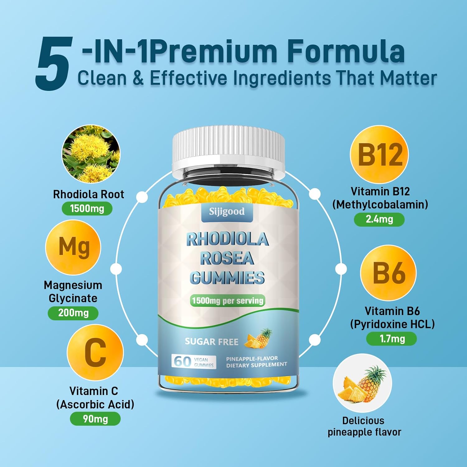 2 Pack Sugar-Free Rhodiola Rosea Gummies - Adaptogenic Supplement for Stamina, Mood, and Motivation - Non-GMO, Vegan - 120 Count