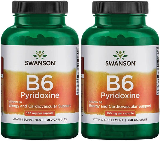 2 Pack Swanson B6 Pyridoxine 100mg Capsules - Natural Cardiovascular Health & Energy Metabolism Supplement for Overall Wellness