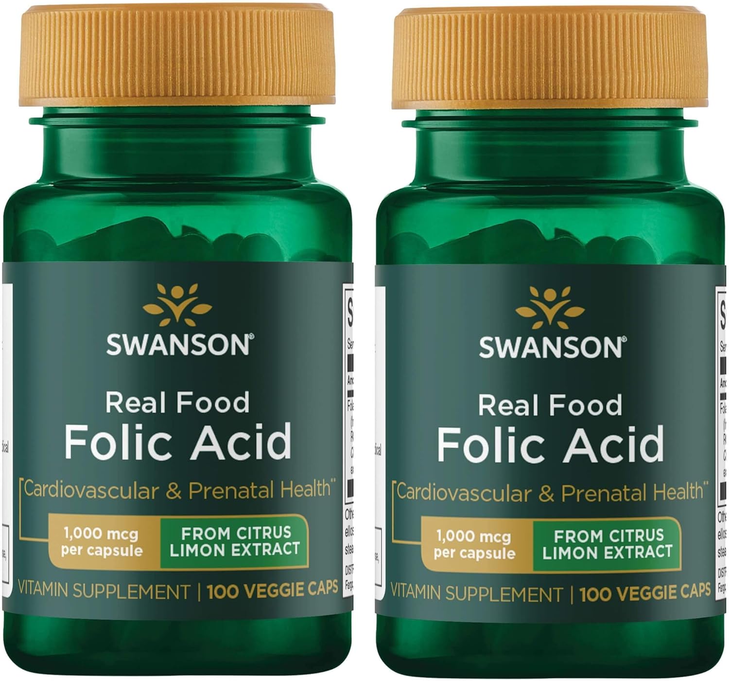 2 Pack Swanson Citrus Limon Extract Folic Acid Folate Vitamin B-9 1000mcg Veg Capsules - Cardiovascular & Prenatal Health - Vegan & Non-GMO