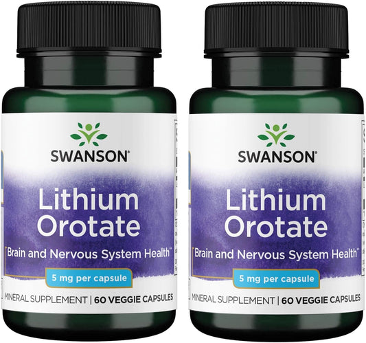 2 Pack Swanson Lithium Orotate Mood & Memory Support Supplement 5mg 60 Veggie Capsules - Antioxidant Emotional Wellness & Behavior Boost