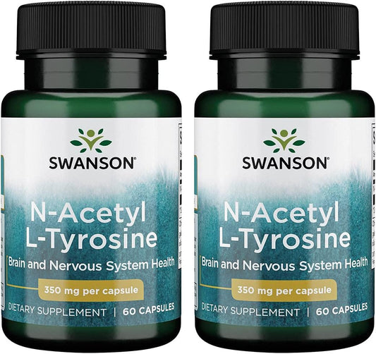 2 Pack Swanson N-Acetyl L-Tyrosine Amino Acid Supplement for Brain & Nervous System Health - Mood & Cognitive Support - 60 Capsules, 350mg