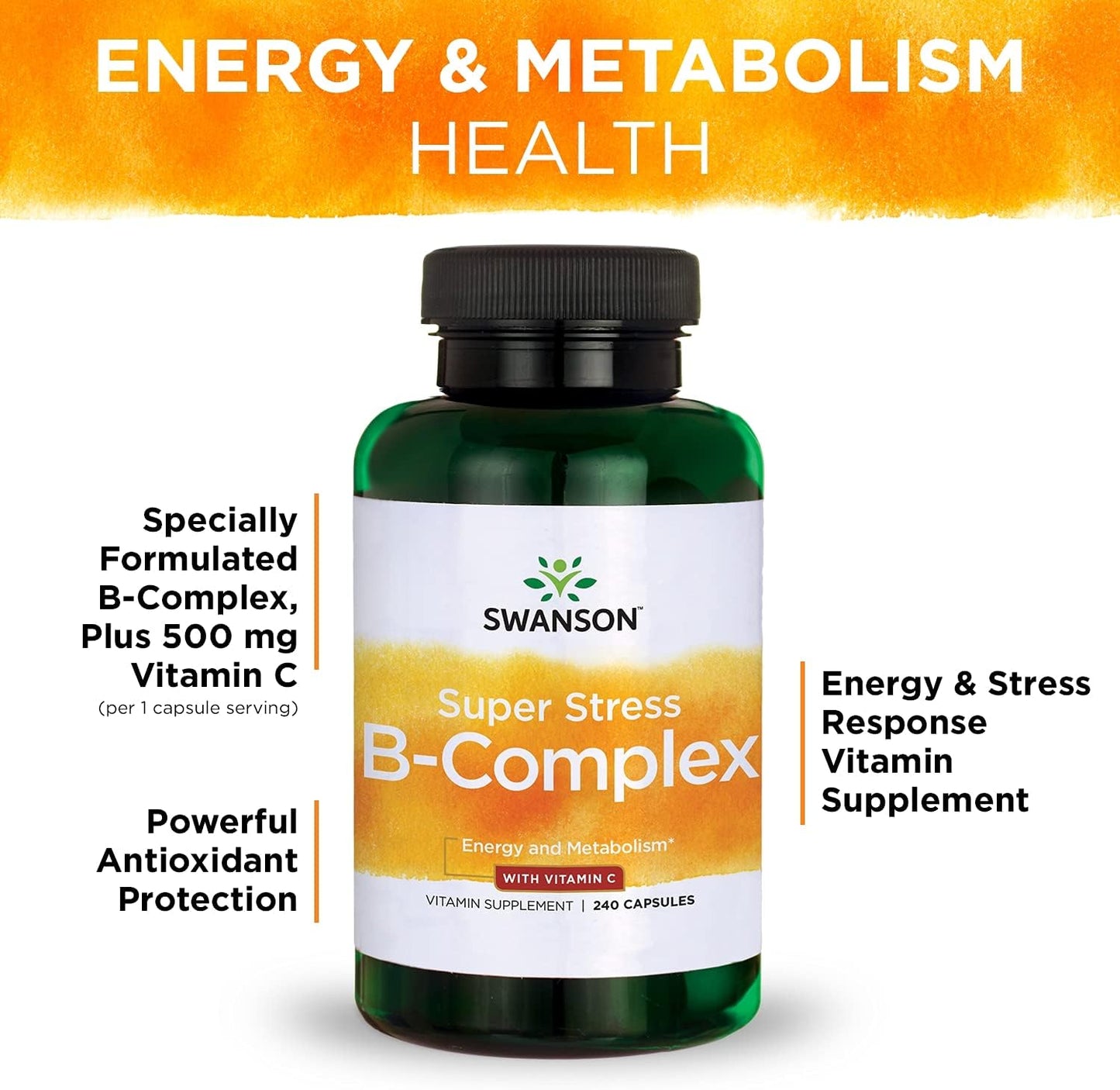 2 Pack Swanson Super Stress B-Complex Capsules for Relaxation, Metabolism & Energy - Vitamin Supplement with 240 Capsules