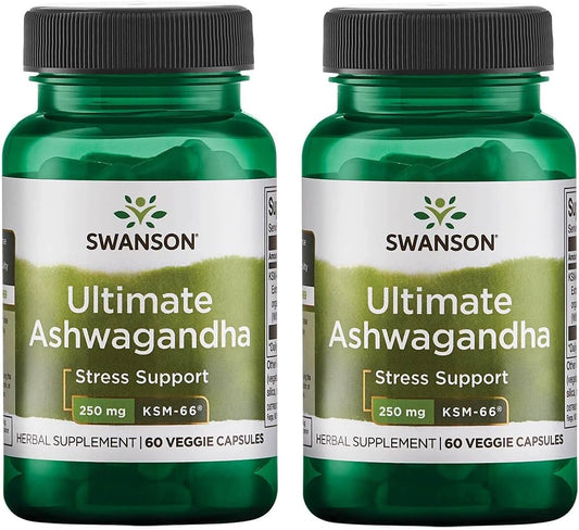 2 Pack Swanson Ultimate Ashwagandha KSM-66 Herbal Supplement for Healthy Stress Levels & Relaxation - Natural Calm & Relaxation Formula - 60 Veggie Capsules, 250mg