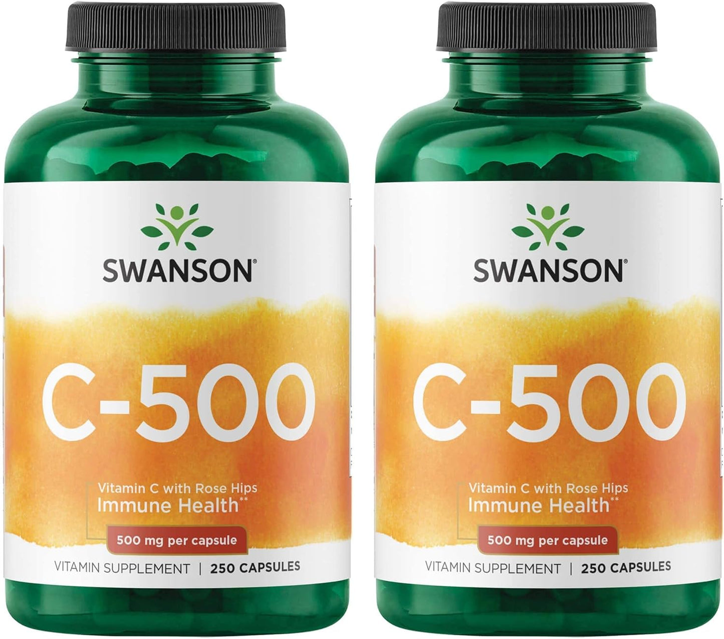 2 Pack Swanson Vitamin C with Rose Hips Capsules for Skin, Heart, and Immune System Health - Natural Herbal Supplement with 500mg per capsule - 250 Capsules Total