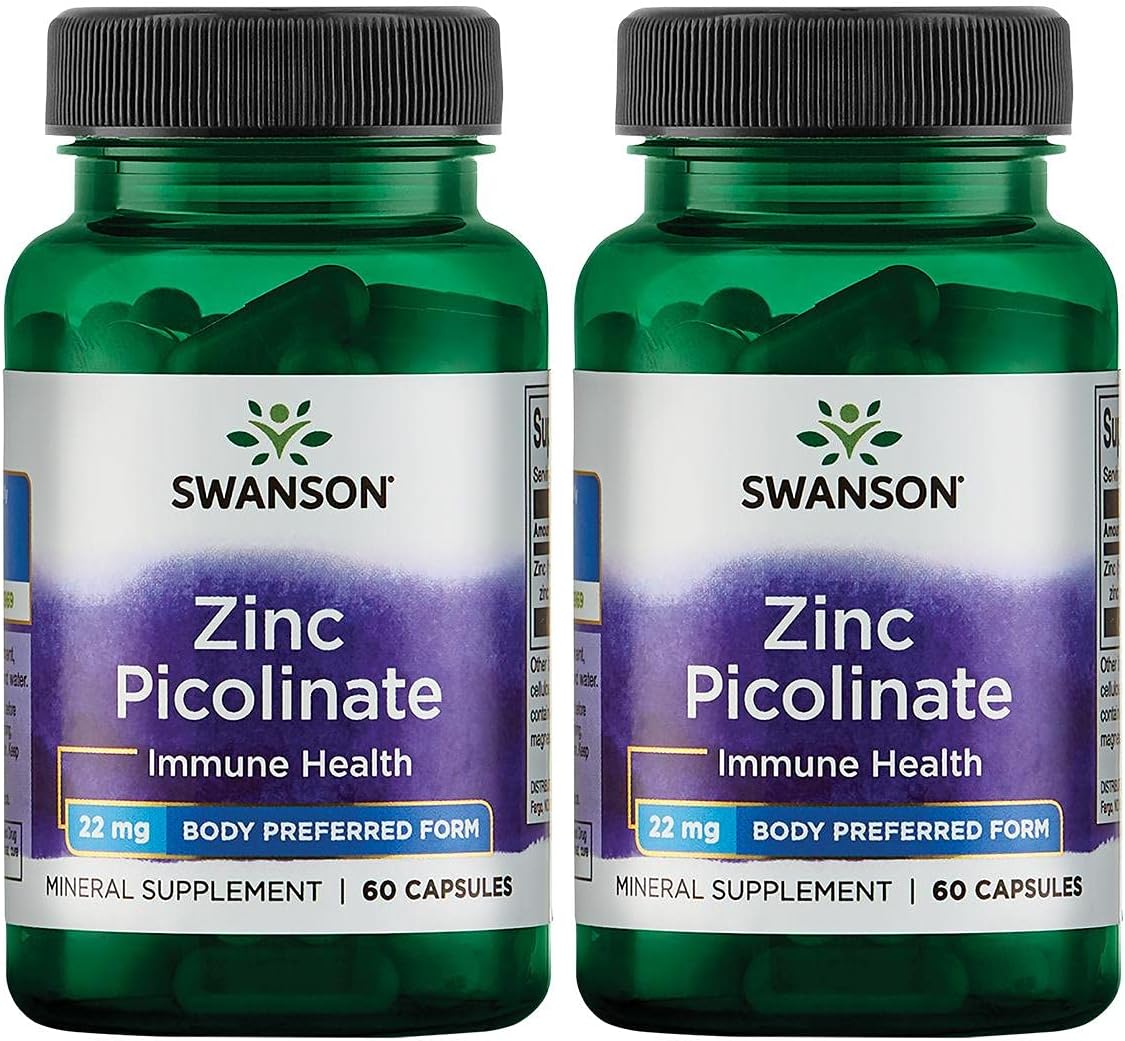 2 Pack Swanson Zinc Picolinate Capsules - 22mg - Promotes Prostate, Vision, & Immune Health - Chelated Zinc - Body Preferred Mineral Supplement
