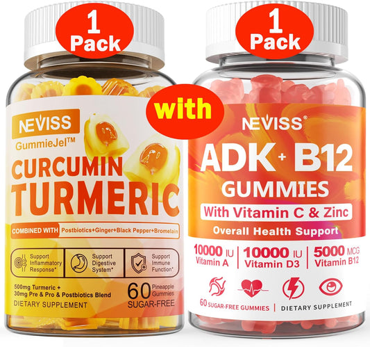 2-Pack Turmeric Curcumin & Vitamin ADK with B12 Gummies for Immune Support and Joint Health
