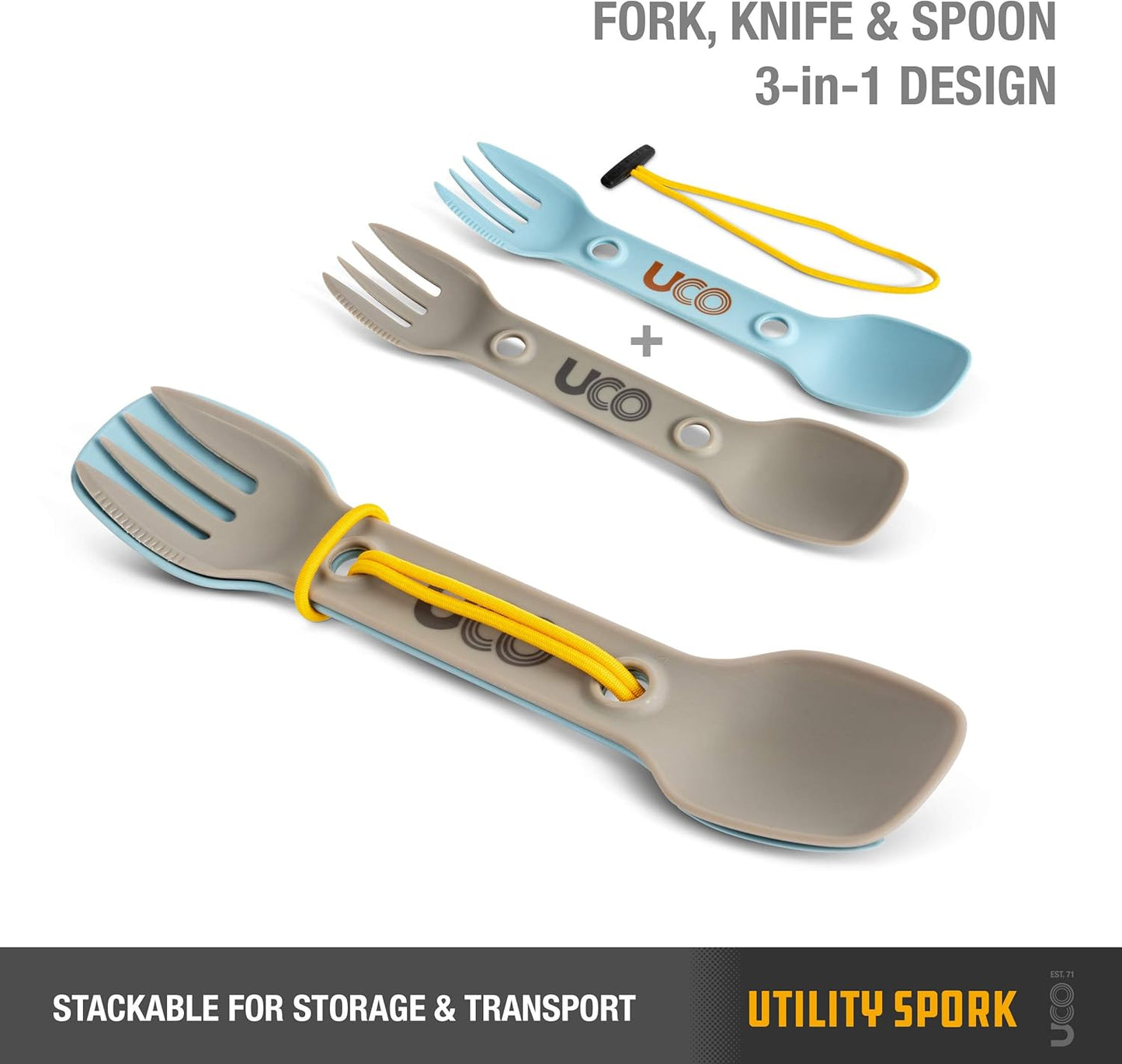 2-Pack UCO Utility Spork 3-in-1 Combo Spoon, Fork, Knife Utensil - Gold/Sky Blue