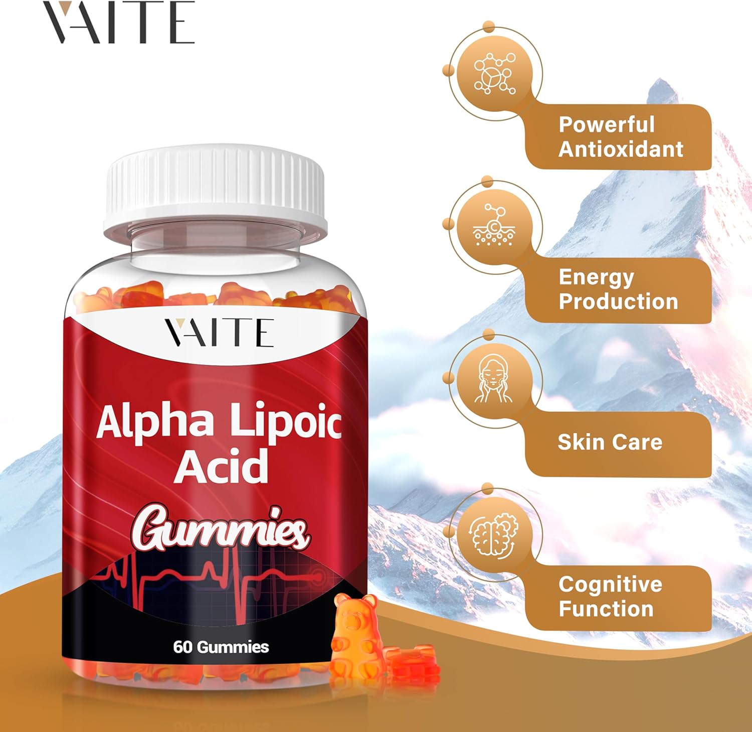 2 Pack VAITE Alpha Lipoic Acid Gummies - Extra Strength Antioxidant Supplement for Brain & Nerve Support - 60 Chewable Supplements for Pain Relief - Non-GMO, Vegan, Gluten-Free